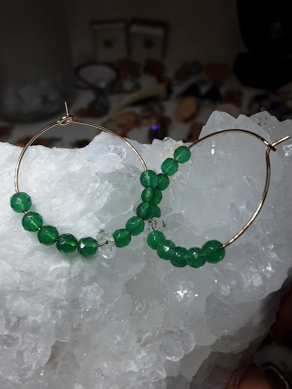 G. Stainless Steel, Green Onyx, Herkimer Diamond Quartz.